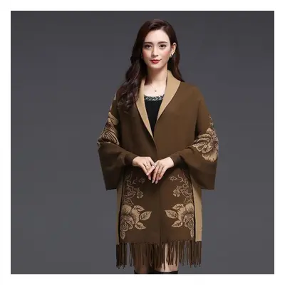 (brown, One Size) New Cashmere Tassel Poncho Shawl Dual-purpose Scarf Women Knitted Sweater Top 