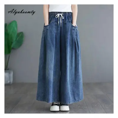 (blue, XL) Plus Size Spring Summer Women Blue Jeans Elastic-waisted Drawstring Wide Leg Denim Tr