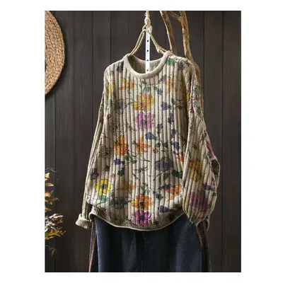 (One Size, khaki) Johnature Woman Autumn Niche O-neck Long Sleeves Vintage Print Casual Sweater 