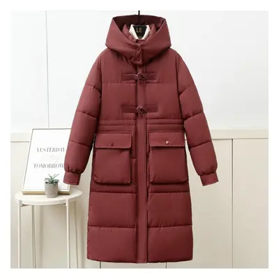 (wine red, L) Winter Jackets Woman Overcoat Hooded Plus Size Fashion Loose Thick Warm Long Parka