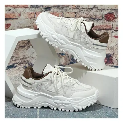 (beige, 38) Tuinanle Couples Chunky Sneakers Women Lace Up Mixed Color Platform Shoes Super Thic