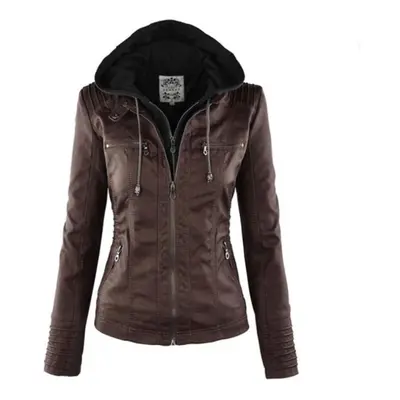 (coffee, M) Leather Jacket Zipper Spliced Short Faux Leather Jackets Women Plus Size Jacket Wome