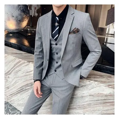 (light grey, Asia 3XL 76-80kg) Men Business Two Pieces Suits /male Slim Fit Beige Groom&apos;s W