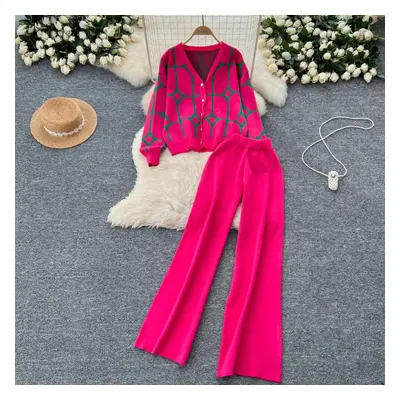 (rose red, One Size) Fashion Basic Knitted Suits Ladies Single Breasted Print Cardigan+high Wais