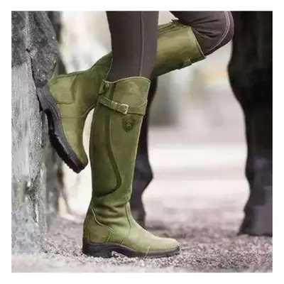 (green, 40) Western Fashion Women Boots Winter Knee High Heels Quality Suede Long Comfort Square