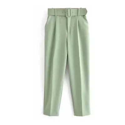 (light green, XS) Pants Suit Women High Waist Sashes Pockets Middle Aged Long Pant