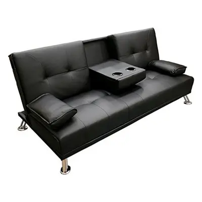 (Black) Cinema Faux Leather Sofa Bed with Cup Holders