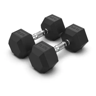 (2x 12.5kg) Hex Dumbbells Iron & Rubber Weights - Black