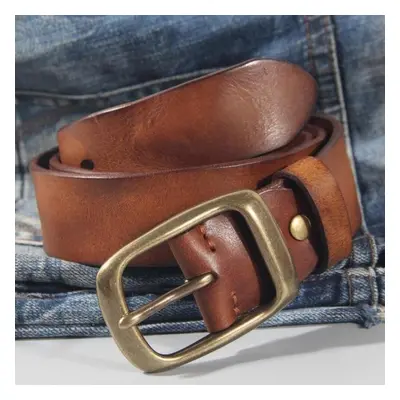 (light brown, 95cm) 100% Cowhide New Fashion Leather Retro Handmade Copper Buckle Men&apos;s Bel