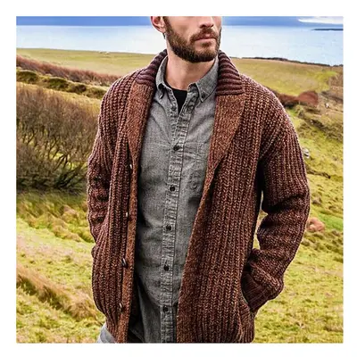 (Brown, L) Mens Winter Warm Cardigan Sweater Cable Knit Button Cotton Sweater Pockets Tops