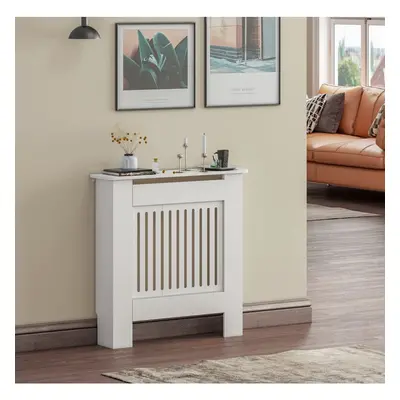 (Small, White) Radiator Cover White Modern MDF Vertical Slats Wood Decorative Cabinet for Living