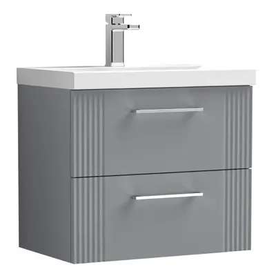 Retro Drawer Wall Hung Vanity Unit with Mid-Edge Tap Hole Ceramic Basin - 600mm - Satin Grey - B