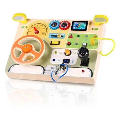 Wooden Car Driving Steering Wheel LED Switch Montessori Busy Board Sensory Toy DYZI