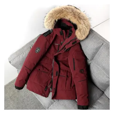 (red, M) Winter Jacket Men Parkas Thicken Warm Coat Mens Fur Hooded Jacket Solid Color Parka Coa