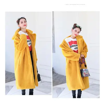 (yellow, M) Women Winter Warm Faux Fur Coat Thick Women Long Coat Turn Down Collar Women Warm Co