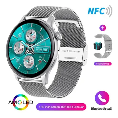 (silver, Silicone belt+mesh steel) New Women 466*466 Amoled 1.43" Screen Nfc Heart Rate Blood Ox