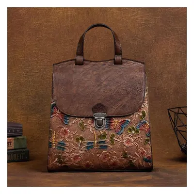 (brown) Johnature Vintage Embossed Backpack Genuine Leather Women Bag Chinese Style Floral Natur