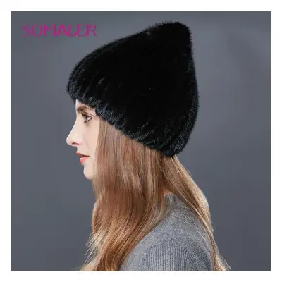 (black) Somaler Genuine Mink Fur Hats For Women Winter Knitted Strips Mink Fur Caps Headwear Bea