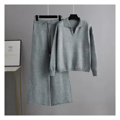 (gray, OneSize) Autumn Winter Solid Color Knitted Suit For Women&apos;s Polo Collar Oversized Wi