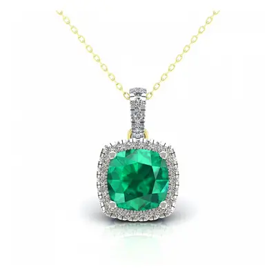 Jewelco London Ladies 2-Colour 9ct Gold Green Cushion CZ Solitaire Halo Cluster Pendant Necklace