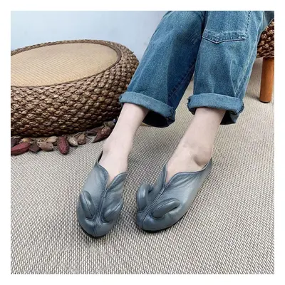 (gray, 39) Johnature Sheep Horn Soft Sole Comfortable Flats Shoes Women Genuine Leather Ethnic S