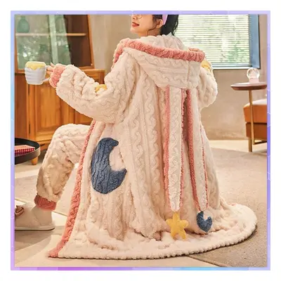 (XXL, as the picture) Thicker Women Pajamas Warm Sweet Hooded Nightgown Winter Flannel Kawaii Ho