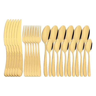 (gold) Jankng Vintage Gold 24pcs Dinnerware Set Stainless Steel Tableware Set Knife Fork Spoon S