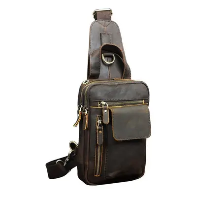 (dark brown) Men Genuine Leather Outdoor Casual Travel Messenger Stachel Bag Crossbody Chest Sli