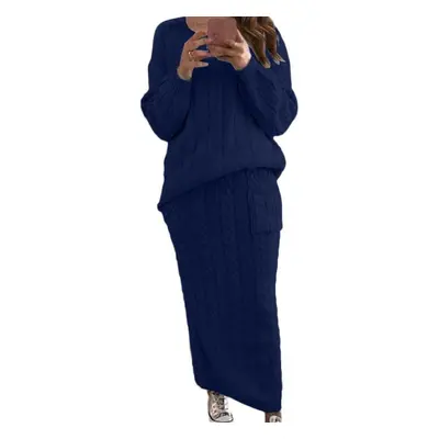 (navy blue, 2XL) Women&apos;s Long Skirt Warm Winter Sleeves Autumn Pullover Floral Stitch Sweat