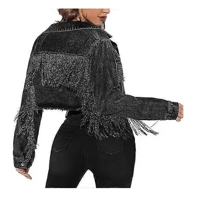 (L, Black) Women's Raw Hem Ripped Fringe Long Sleeve Crop Denim Jacket