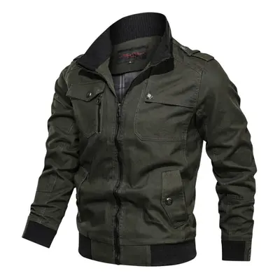 (green, XL) Fashion Casual Solid Color Jacket Zipper Pocket Vertical Collar Large Size Jacket Me