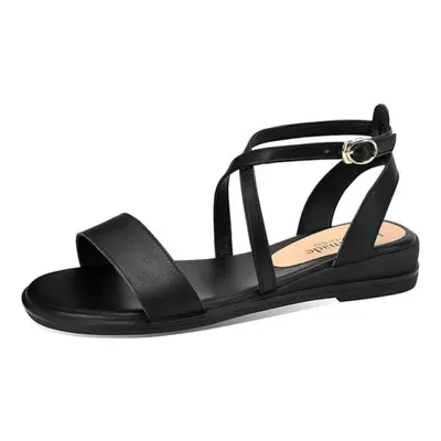 (black, 35) Meotina Women Shoes Real Leather Sandals Cross Strap Flat Sandals Round Toe Ladies F