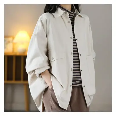 (beige, L) Loose Women&apos;s Windbreaker With Long Sleeves And Vintage Style Shirt Coat