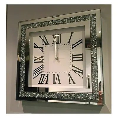 CLOCK Diamante Wall Mount Crystal Crushed Diamond Mirror Jewel Roman Wall Clock