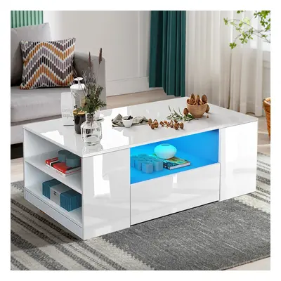 (White) LED Coffee Table Wooden Drawer Storage High Gloss Modern Living Room Furniture