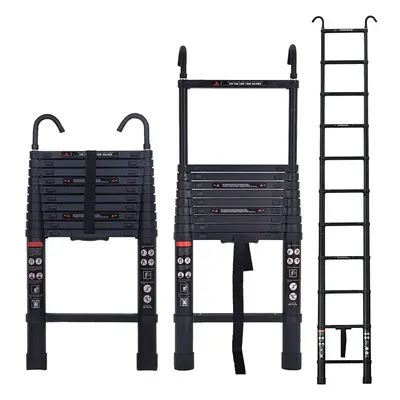 (3.2m with Hooks(Black)) Telescopic Ladder Aluminium Telescoping Ladders Collapsible Extendable 