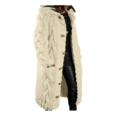 (Beige, UK Size 20=Tag Size 5XL) Ladies Loose Chunky Overcoat Women Cable Knitted Winter Baggy C