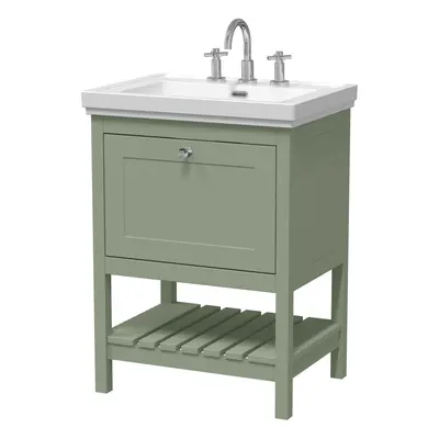 Traditional Furniture Floor Standing Drawer Vanity & Tap Hole Fireclay Basin, 600mm, Fern Green