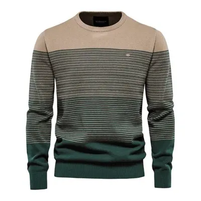 (khaki, 82-90 kg) Aiopeson Brand Cotton Sweater Men Fashion Casual O-neck Striped Pullovers Knit