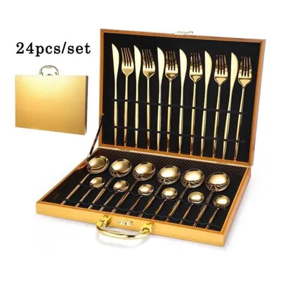 (gold, 24pcs/set) 24pcs/set Stainless Steel Gold Dinnerware Set Black Dinner Knife Fork Spoon Cu