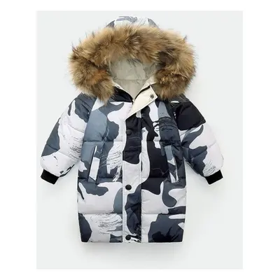 (camouflage, 140cm) Big Fur Collar Children&apos;s Down Jacket Boy&apos;s Cotton Coat Mid-length