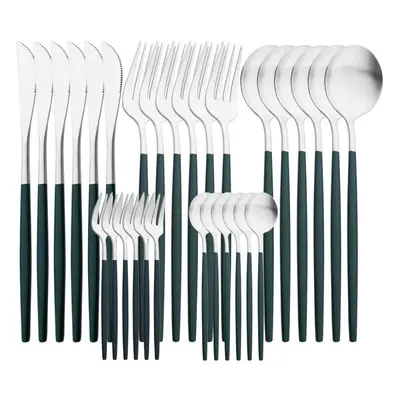 (green,silver) 30pcs White Gold Cutlery Set Matte Dinnerware Knife Fork Spoons Stainless Steel S