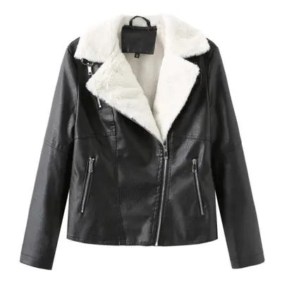 (black, 2XL) Women's Jackets Faux Leather Cropped Lapel Collar Flannel Lined Warm Short Coat Pu 