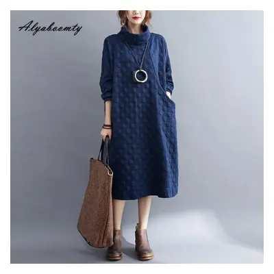 (navy blue, XL) Korean Style Autumn Winter Women Oversized Dress Turtleneck Gray Black Navy Polk