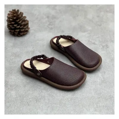 (wine red, 36) Johnature Handmade Genuine Leather Round Toe Sandals Women Soft Sole Flat Slipper