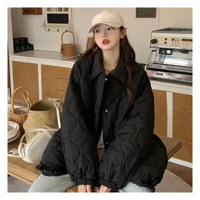 (black, L) Sweet Color Casual Lamb Wool Coats Women Korean Fashion Cotton Padded Jacket Female A