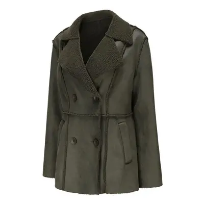 (army green, M) Women's Suede Coats Mid Length Faux Leather Blazers Plush Fleece Lined Lapel Dou