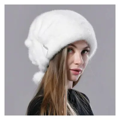 (white, Adjustable(55-60cm)) Russian Fur Hat Winter Warm Natural Mink Fur Hats For Women Classic