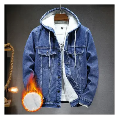 (blue, XXXXL) Men&apos;s Autumn And Winter Retro Hooded Denim Jacket Coat Hooded Plus Velvet Win