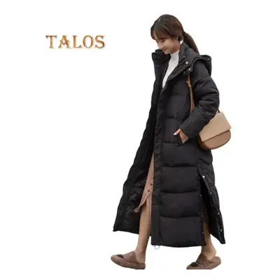 (black, L) Women Cotton Coat Hooded Long Sleeve Pockets Side Slit Hem Down Jacket Solid Color Po